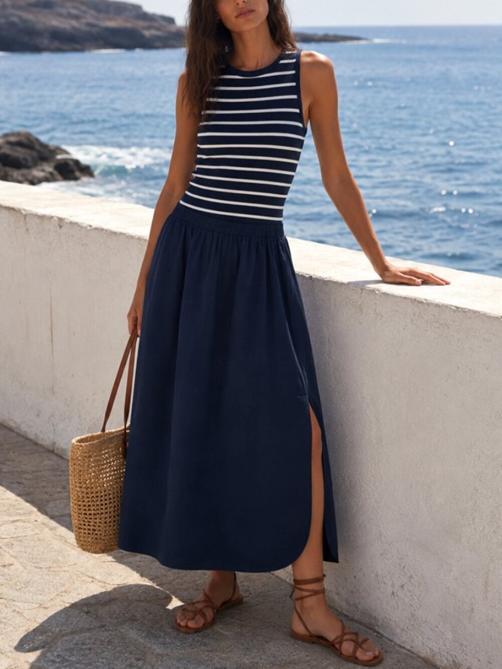 Zara Navy White Striped Coastal Nautical Midi Dress Size L